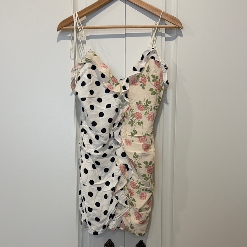Spaghetti Strap Mixed-Print Mini Dress in Black & Cream